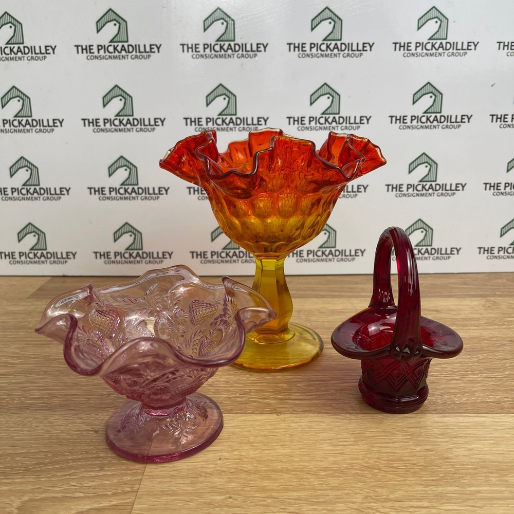 Vintage Fenton Art Glass Set 3 Amberina Hobnail Pink Strawberry Ruby Red Basket